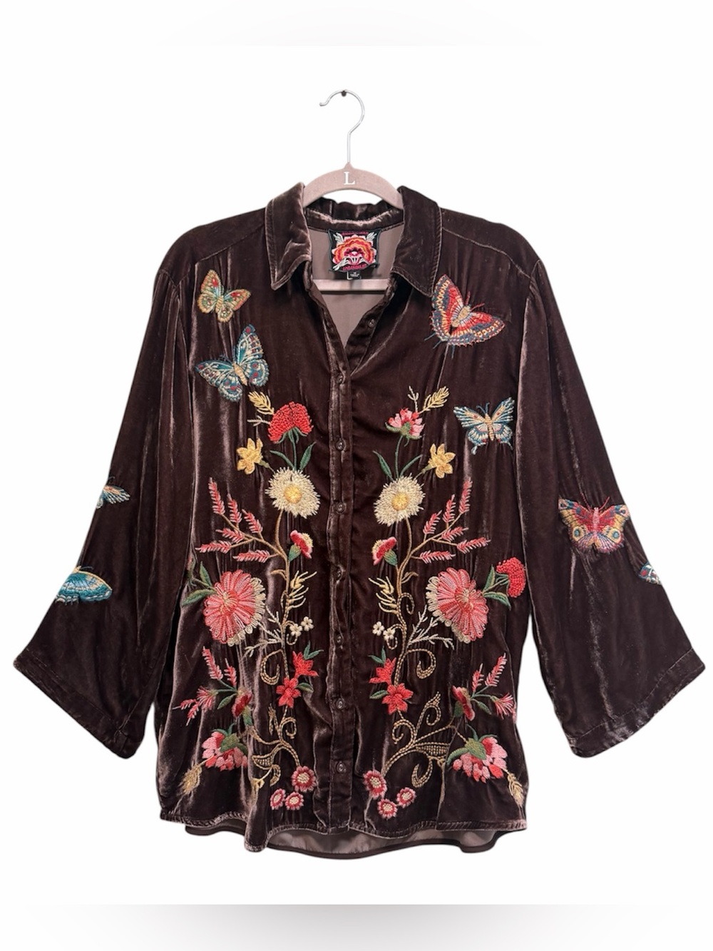 Johnny Was velvet embroidered kimono sleeve button down shirt brown, size Medium